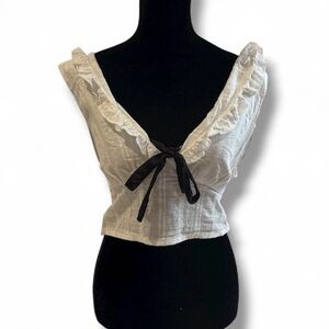 y2k kimchi white and black ruffle ribbon tie sweet heart neckline top coquette